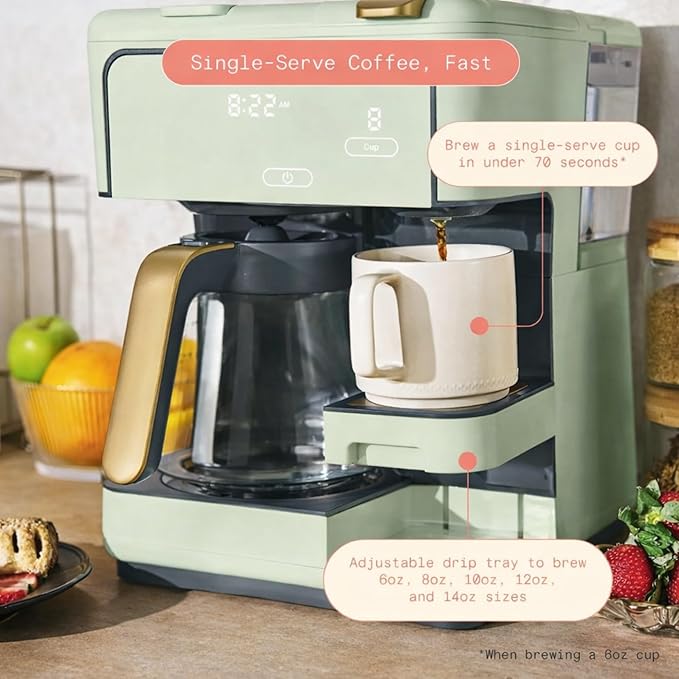 Multi Brew Coffee Maker with Single Serve and Carafe Brewing Options for Countertop Home Use (Sage Green)
