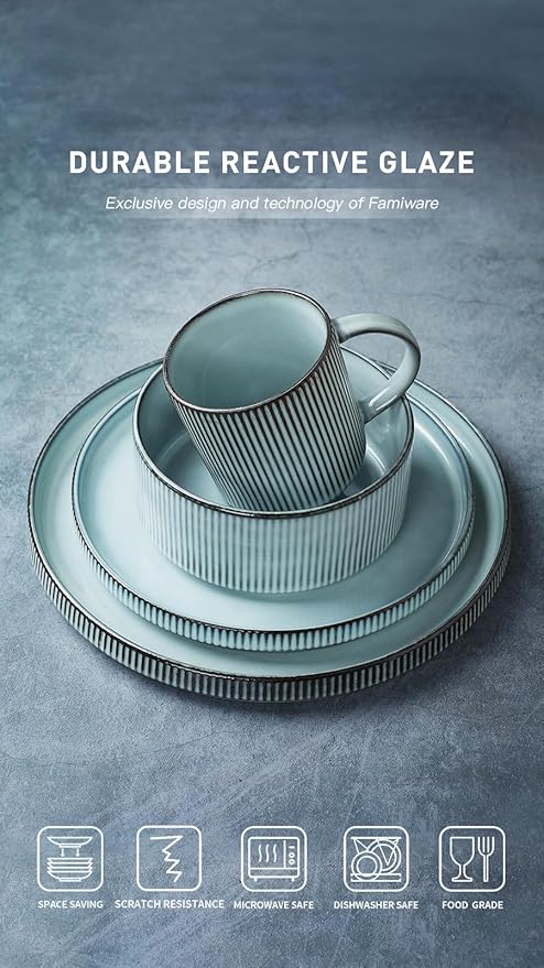 Famiware Star Dinnerware Set with Plates Bowls and Mugs Service for 4 (16-Piece) Stoneware Kitchen Dishes Dinner Plates - Smoky Blue