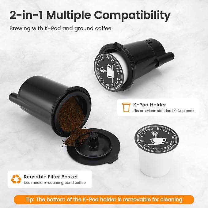 Single Serve Coffee Maker for K-Cup Pod and Grounds Hot and Iced Coffee Maker Strong Button Feature 6 to 14oz Brew Sizes 50oz Removable Tank Up to 6.5 Inch Cup Stainless Steel Grey