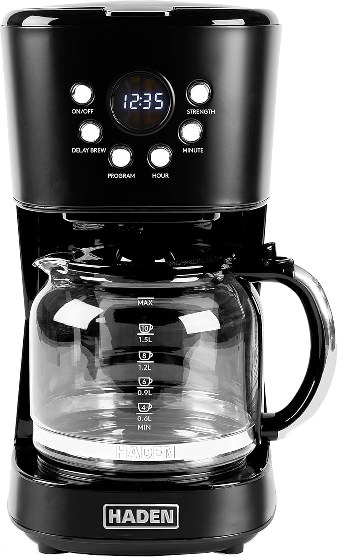 Haden Coffee Machine 12 Cup Programmable Drip Coffee Maker with Auto Shut-Off Function and Reusable Washable Water Filter Black &amp Chrome
