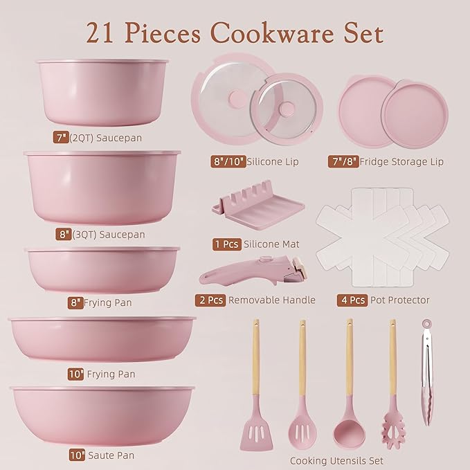 Astercook 21 Pcs Pots and Pans Non Stick Ceramic Cookware Set Detachable Handles RV Kitchen Cooking Set Oven Safe Induction Ready Stackable Pink
