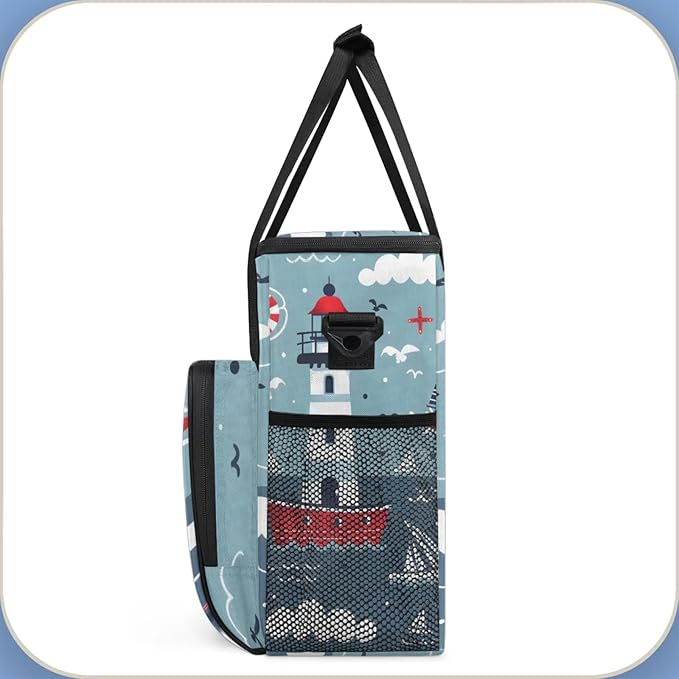 Cartoon Lighthouse Ship Coffee Maker Travel Bag for Keurig K-Mini/K-Mini Plus Insulated Waterproof Tote with Pockets for K-Cup Portable Single-Serve Brewer Case