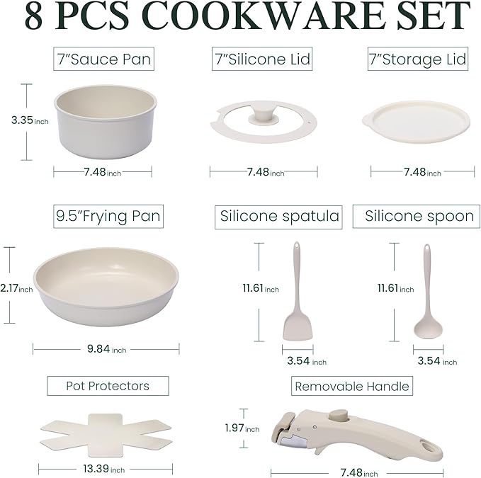 8 PCS Kitchen Cookware Set Pots and Pans Sets Non Stick Induction Pan Set with Detachable Handle for RV CookwareOven Safe PFOA Free