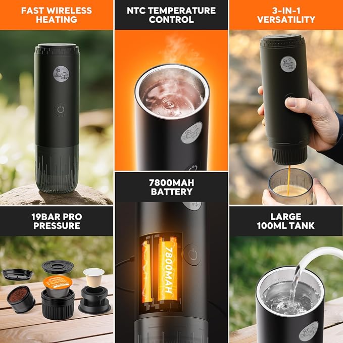 Portable Espresso Machine Mini 19Bar Rechargeable 2-in-1 Multi-Function Electric Coffee Machine One Key Extraction Compatible with NS Capsules and Ground Coffee for Office Home 7800MAH (Red)
