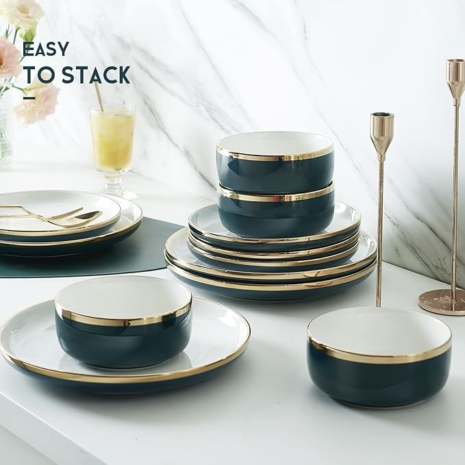 Porcelain Dinnerware Sets 12 Piece Luxury China Plates and Bowls Sets Green Dishes Set Gold Rim for Wedding Anniversary Birthday Modern Dinner Plates Set