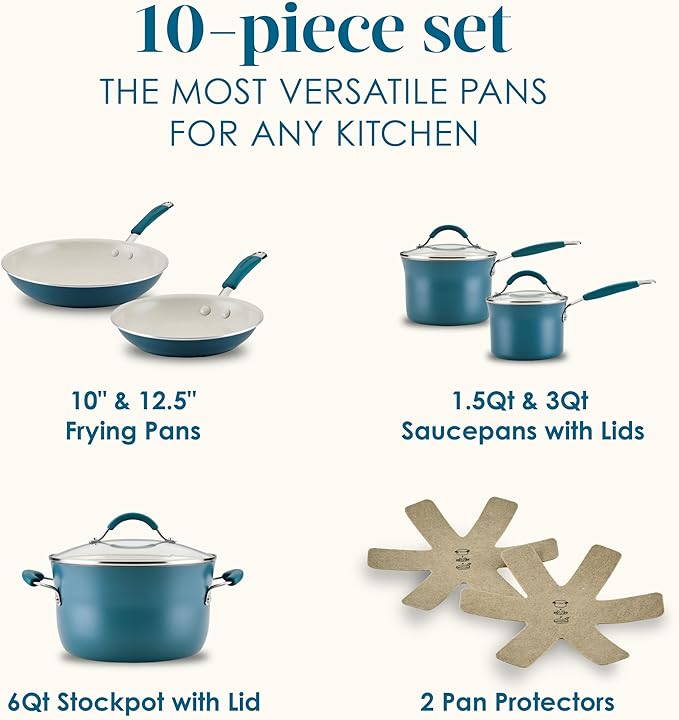 Rachael Ray Cucina Ceramic Nonstick Pots and Pans Set with Saucepans Frying Pans Stockpot Lids and Pan Protectors 10 Piece Non Stick Cookware Set Dishwasher Safe - Marine Blue