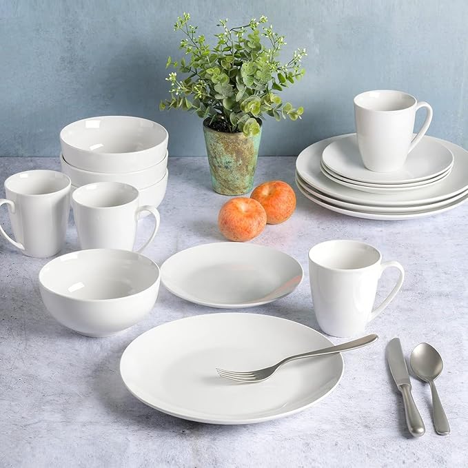 16-Piece White Porcelain Dinnerware Set – Elegant and Durable Dish Set for 4 Microwave &amp Dishwasher Safe