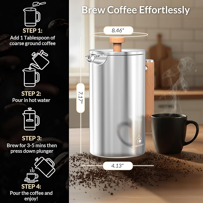 French Press Coffee Maker 304 Stainless Steel 34 Oz Large Double-Walled Insulated French Press Wood Handle 3 Level Filtration System For Kitchen Camping &amp Gifting in Premium Box No Plastic