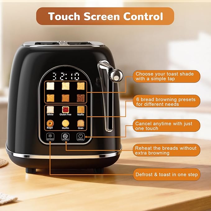 Mecity Toaster 2 Slice Touch Screen Wide Slot Retro Toaster For Breads Bagel Muffin Waffle House Warming Gift New Home 120V 825W Jet Black