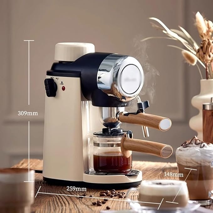 Espresso Coffee Maker 240ml Small Automatic Hand Grinding Coffee Machine with Steam Milk Frother Cappuccino Latte Machine with Latte Art Cup Coffee Pot for Home Office (Off White