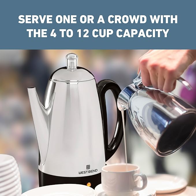 West Bend Electric Percolator Classic Style Coffee Maker with Heat Resistant Handle Base and Detachable Cord with Stainless Steel Stem and Basket 12-Cup Silver