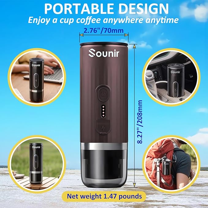 Portable Espresso Machine &amp Coffee Maker for Camping Travel Office - Self-Heating USB-C Charger Compatible NS Capsule &amp Ground Coffee (Coffee Brown)