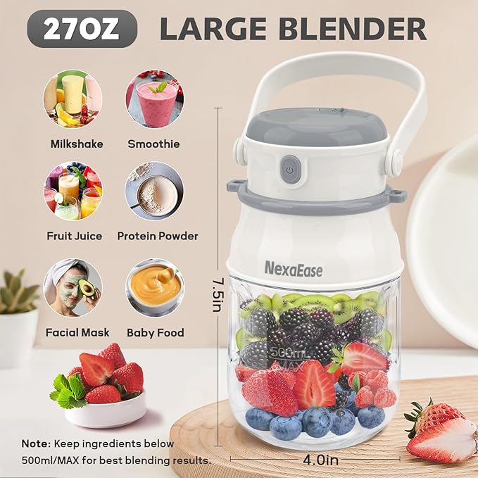 Portable Blender for Shakes and Smoothies- Personal Juicer 27 OZ Electric Protein Shaker Bottle with Insulated Sleeve USB-C RechargeableTravel Lid- Small Blender Cup for Kitchen Office GymTrave