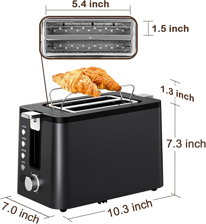 Mecity Toaster 2 Slice Stainless Steel Body Timer Bagel Defrost Reheat Cancel Functions Warming Rack Removable Tray 6 Browning Settings Extra Wide Slots Bread Toaster 120V 800W Black