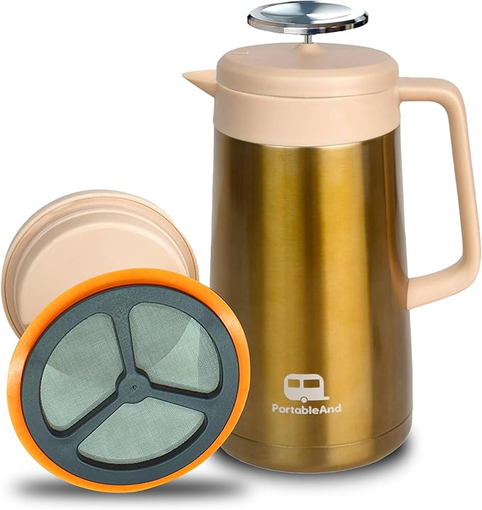 PortableAnd 34oz Double Vacuum Insulation Large Silicone French Press Coffee Maker Metal Stainless Steel Matte Black Perfect for Camping Travel and At-Home Use (Light Gold)
