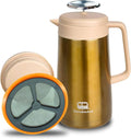 PortableAnd 34oz Double Vacuum Insulation Large Silicone French Press Coffee Maker Metal Stainless Steel Matte Black Perfect for Camping Travel and At-Home Use (Light Gold)