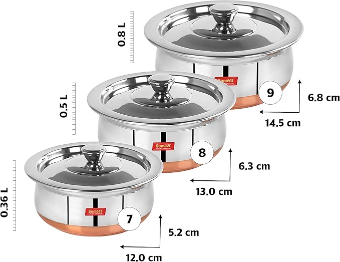 Sumeet Stainless Steel Copper Bottom 3 Pc Handi/Cookware/Serveware Pot Set with Lid 360ML 500ML 800ML (Silver)