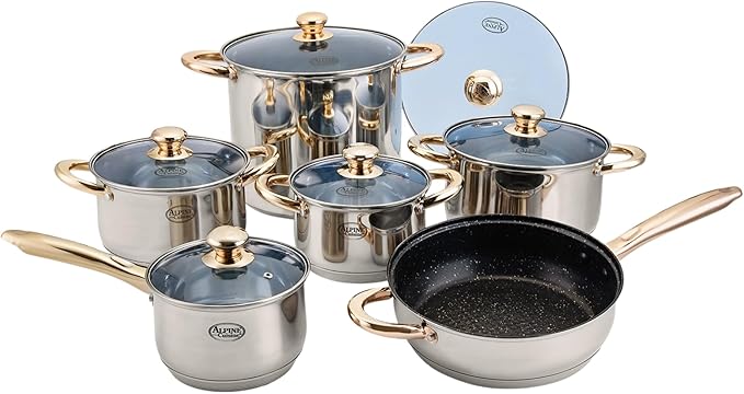 Alpine Cuisine 12-Piece Stainless Steel Cookware Set with Blue Glass Lids &amp Gold Handles – Nonstick Fry Pan Stock Pot &amp Sauce Pots – Induction Compatible Mirror Polish Kitchen Cooking Set