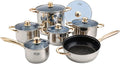 Alpine Cuisine 12-Piece Stainless Steel Cookware Set with Blue Glass Lids &amp Gold Handles – Nonstick Fry Pan Stock Pot &amp Sauce Pots – Induction Compatible Mirror Polish Kitchen Cooking Set