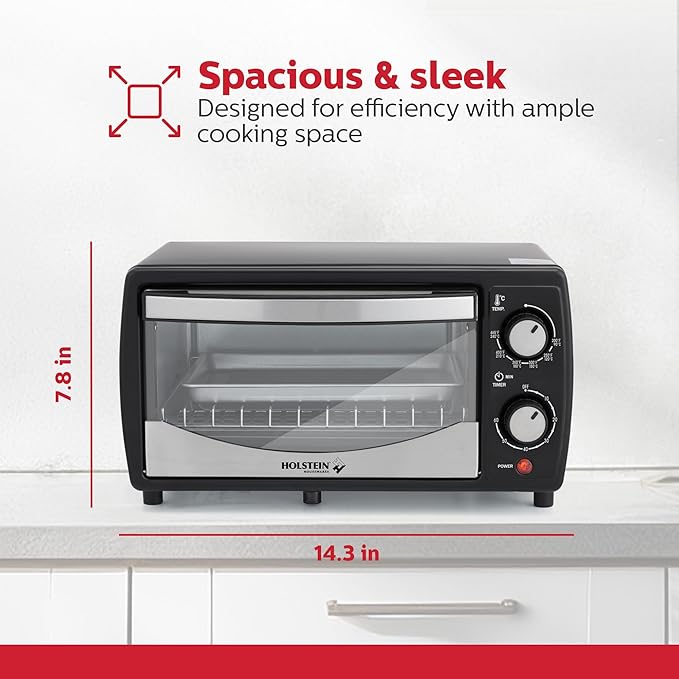 Holstein Housewares 4 Slice Countertop Toaster Oven with 60 Minute Timer Includes Pan and Wire Rack Perfect for Baking Broiling and Toasting Compact Design in Sleek Black for Convenient Kitchen Use