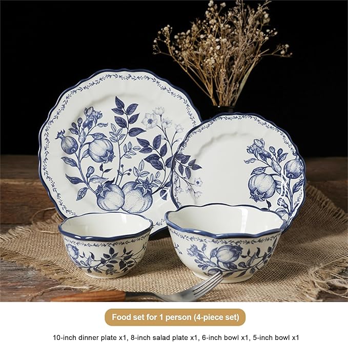 Ceramic BowlSteak Dinner Plate Creative Blue Flower Branches Leaves Vegetable Pattern Bowl Plate Set Tableware Gift Giving Ceramics Dinnerware Set Dishes 4-Pieces Sets