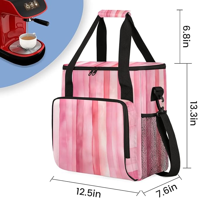 Striped Coffee Maker Travel Bag for Keurig K-Mini/K-Mini Plus Insulated Waterproof Tote with Pockets for K-Cup Portable Single-Serve Brewer Case