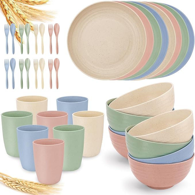 shopwithgreen Wheat Straw Dinnerware Sets for 8 40 PCS Unbreakable Plates and Bowls Sets Reusable Dinner Dishes Set Bowls CupsPlates for Camping Kitchen RV DormDishwasher Microwave Safe