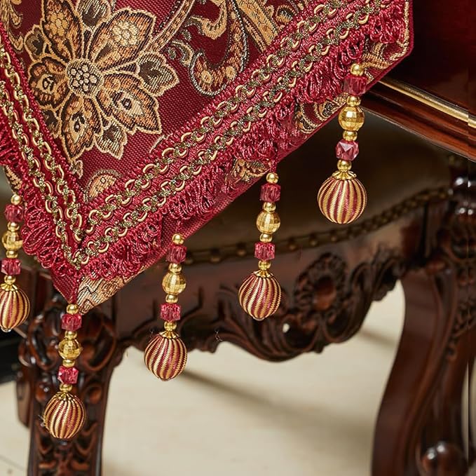 Luxury Vintage Table Runner 120 inches Long Embroidery Jacquard Fabric with Multi-Tassels Table Runners for Dining Room Dresser Wedding Christmas Thanksgiving Party Decorations (Red 12X120inch)