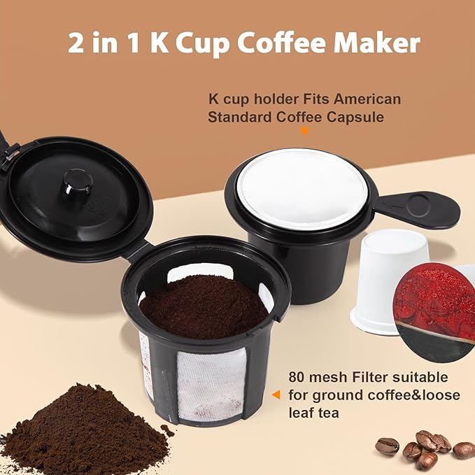2 in 1 Single Serve Kcup Coffee Maker (6-14Oz) 800W Fast Brew Compact Design with Reusable Filter One-Button Auto Shut-Off Travel Mug Fit Compatible with K-Cup/Ground Coffee/Tea Black