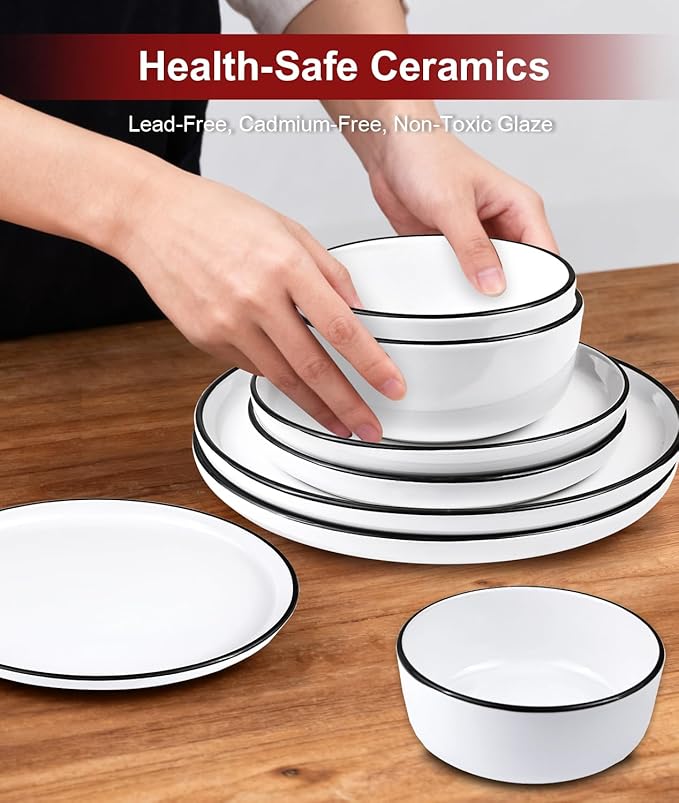 12 Pieces Ceramic Dinnerware setPlates and Bowls Sets for 4White Dinnerware Set for Kitchen Modern Design Plate Sets with Black Rim Microwave and Dishwasher Safe