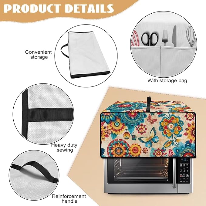 Boho Mandala Print Toaster Oven Cover Wide Slot Butterfly Print Bread Machine Cover with Side Pockets for Kitchen Counter Decorative 18.5 x 14.5 x 9 Green and Orange