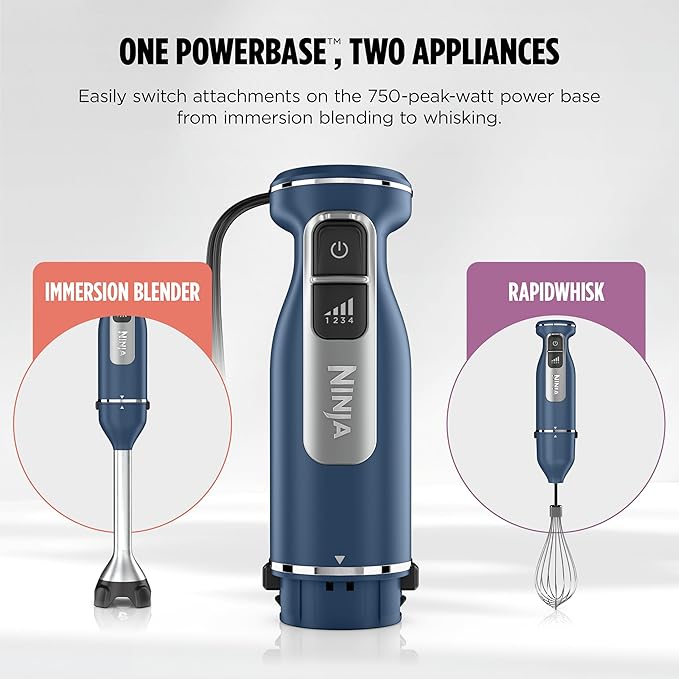 Ninja Immersion Blender and Whisk Hand Stick Blender 4 Speeds with SplatterShield and PanProtect 4-Cup Blending Vessel Dishwasher Safe 5-ft Cord Ergonomic Deep Navy CI201ND