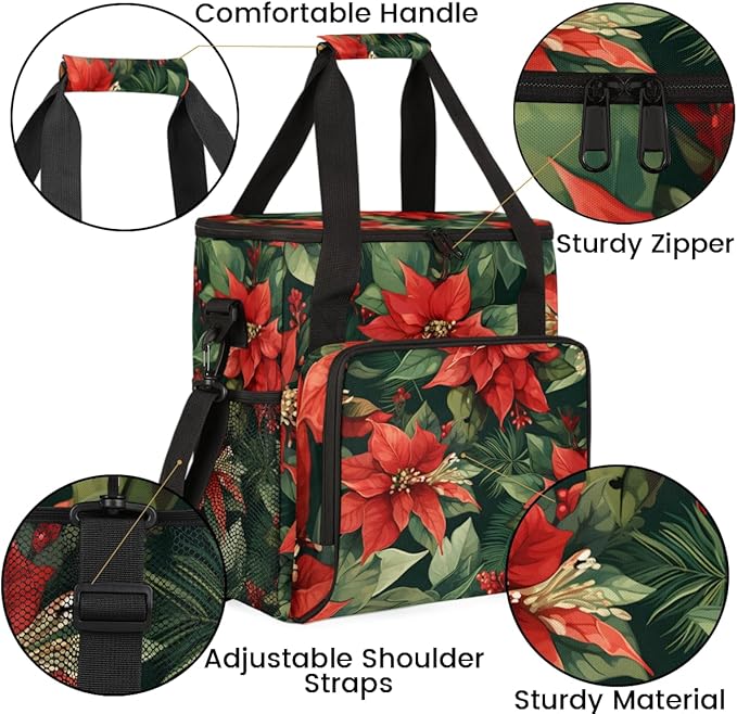 Holly Berry Flowers Coffee Maker Carrying Bag Christmas Flowers Travel Storage Bag Compatible with K-Mini or K-Mini Plus Single Serve Coffee Brewer Carrying Case with Pockets &amp Shoulder Strap