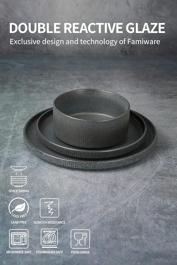 Famiware Dinnerware Set for 4 (12 Piece) and 10 Dinner Plates for 6 - Matte Dark Charcoal