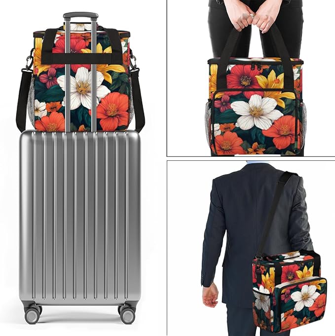 Iridescent Flowers Coffee Maker Carrying Bag Portable Travel Storage Tote Bag Compatible with K-Mini or K-Mini Plus Single Serve Coffee Brewer Carrying Case with Multiple Pockets &amp Shoulder Stra