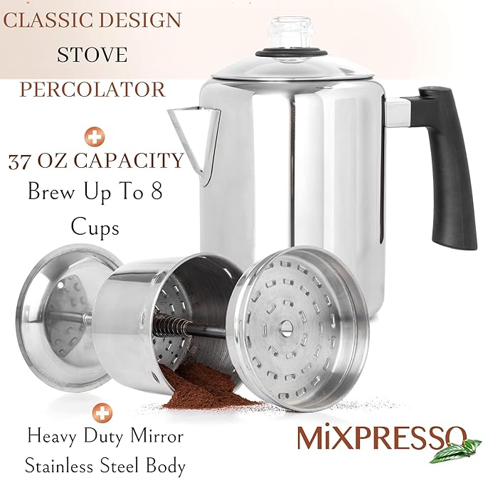 Mixpresso Stainless Steel Coffee Percolator Stovetop 37oz Classic Percolator Coffee Pot Great For Camping Pot 5-8 Cup Stove Top Espresso Maker Cool-Touch Handle