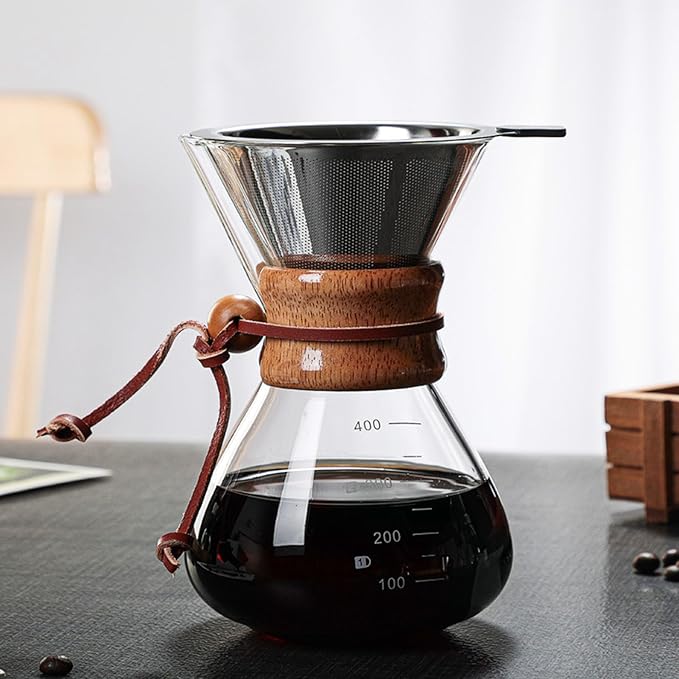 Keenso Pour Over Coffee Maker Glass Carafe with Wooden Sleeve 400ml Manual Coffee Brewer for Home Cafe and Gift