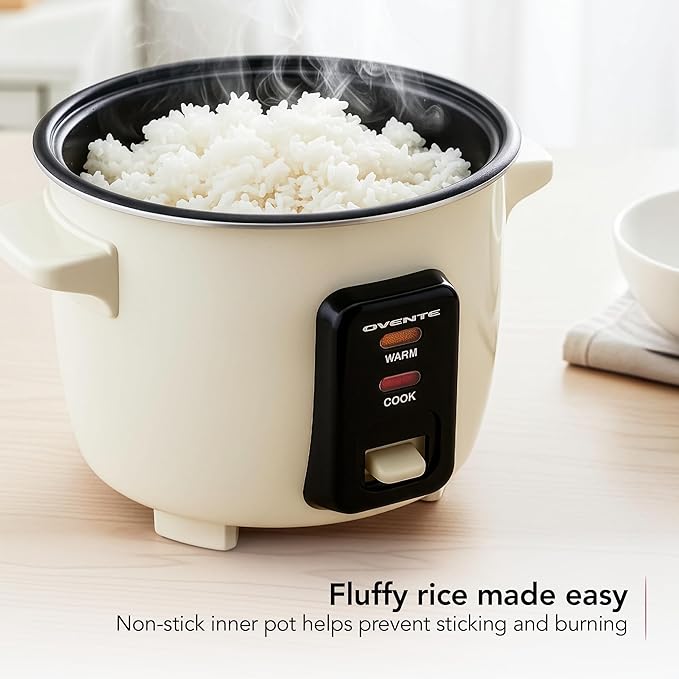 OVENTE Electric Rice Cooker 4-Cups (Cooked) with Removable Nonstick Pot Keep Warm Function Cooks Grain Oatmeal and Makes Soups Stews or Hot Cereals Includes Measuring Cup and Spatula Cream RC04C