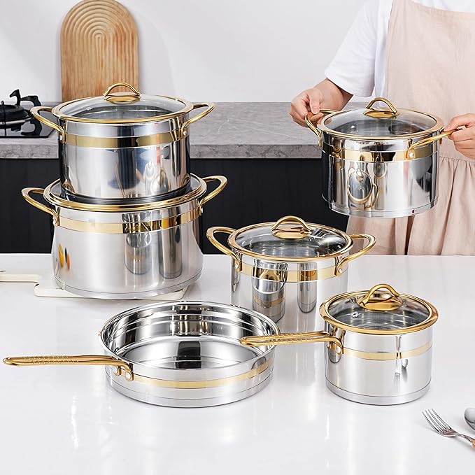 11-Piece Stainless Steel Pots and Pans SetPremium Stainless Steel Cookware - Induction Safe Non-Toxic Kitchen Cookware Set with Gold Stay Cool Handles Compatible with All Cooktops
