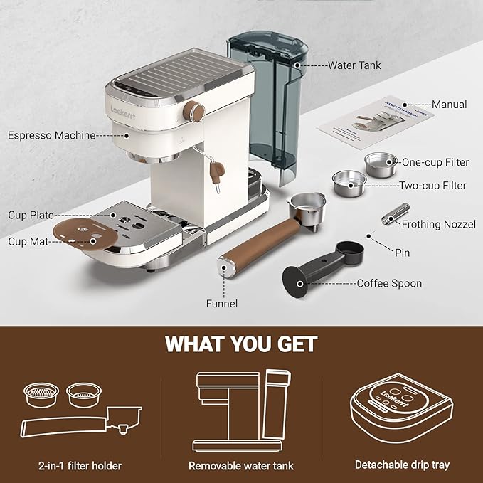 Espresso Machine Expresso Coffee Machines for Home 20 Bar Cafetera Espresso with Milk Frother Steam Wand Compact Small Coffee Maker for Latte and Cappuccino (Pear White Stainless Steel Gift)