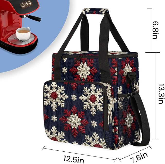 Retro Snowflakes Christmas Coffee Maker Carrying Bag Travel Storage Bag Compatible with K-Mini or K-Mini Plus Single Serve Coffee Brewer Carrying Case with Multiple Pockets &amp Shoulder Strap