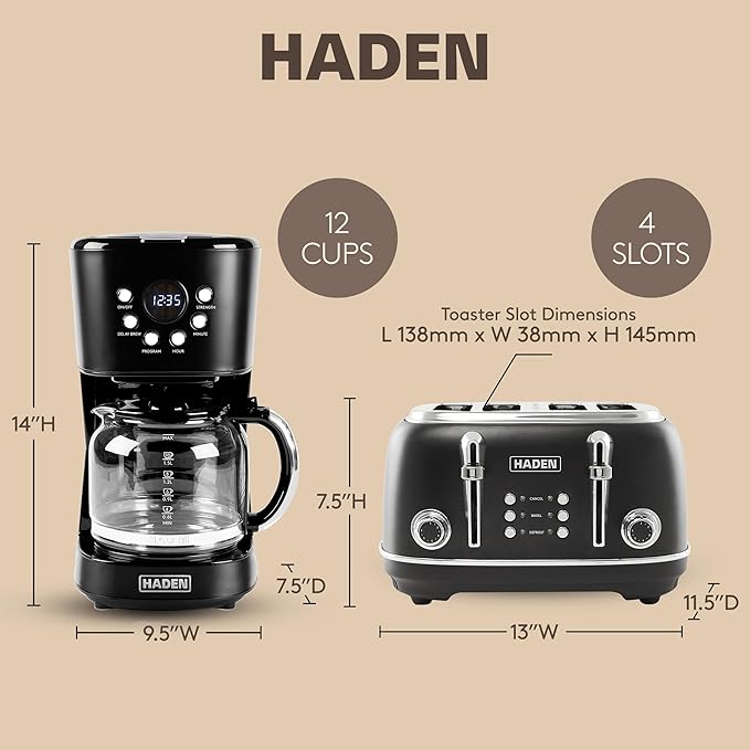 Haden Heritage 4 Slice Wide Slot Stainless Steel Toaster Bundled with 12 Cup Programmable Drip Coffee Maker Coffee Machine Black &amp Chrome