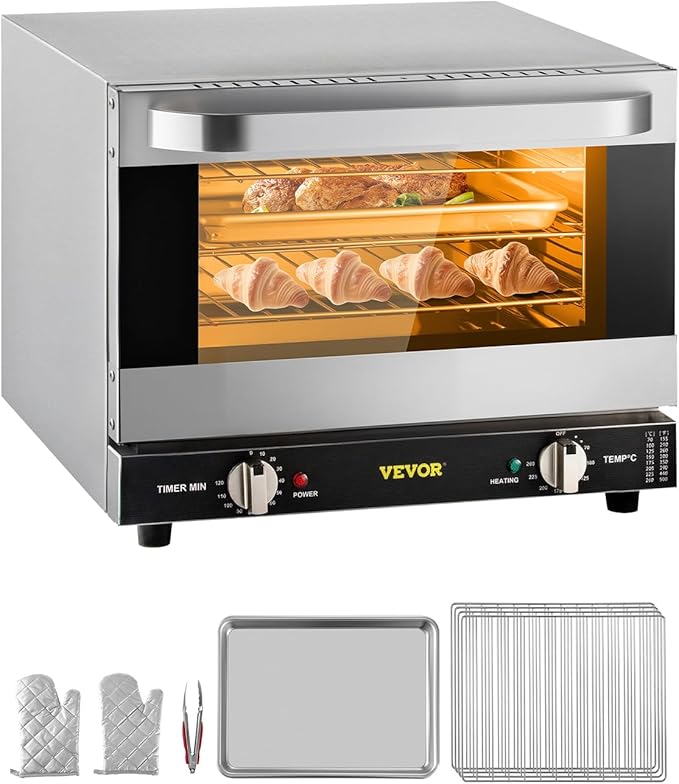 VEVOR Commercial Convection Oven 21L/19Qt Quarter-Size Conventional Oven Countertop 1440W 3-Tier Toaster w/Front Glass Door Electric Baking Oven w/Trays Wire Racks Clip Gloves 120V