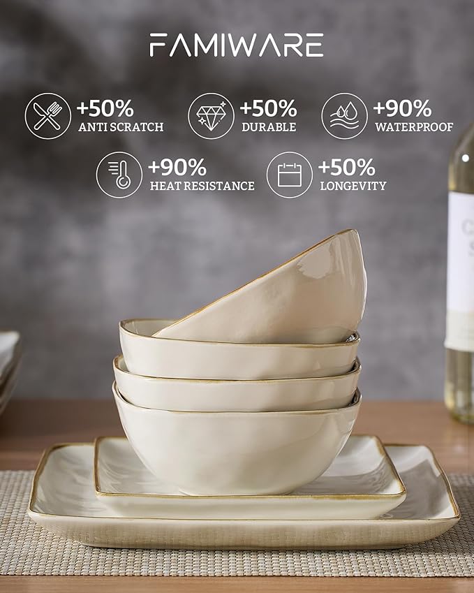 Famiware Dinnerware Sets for 4 Ocean Square 12-Piece Kitchen Plates and Bowls Sets Microwave and Dishwasher Safe Scratch Resistant Vanilla White