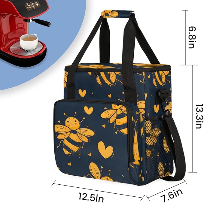 Bees Love Heart Coffee Maker Travel Bag for Keurig K-Mini/K-Mini Plus Insulated Waterproof Tote with Pockets for K-Cup Portable Single-Serve Brewer Case