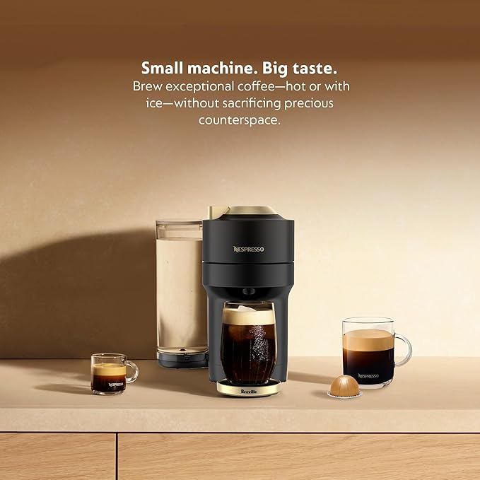 Nespresso Limited-Edition Vertuo Pop+ Deluxe Coffee and Espresso Maker by Breville with Milk Frother Matte Black Gold Capsules Vertuo Line