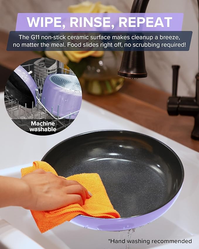 Nuwave Healthy G11-Pots and Pans Set Non Stick 9H Near-Diamond Hardness Scratch-Resistant Works on All Stovetops PFAS Free with Frying Pans Saucepans &amp Glass Lids Stay-Cool Handles Lilac