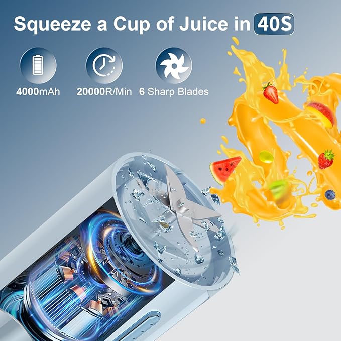 Portable Personal Blender for Fresh Juice Shakes and Smoothies - 16 Oz Mini Small Blender Bottle Cup with 6 Blades USB Rechargeable BPA Free for Kitchen Travel Office Gym
