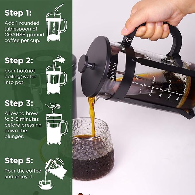 French Press Coffee Maker 34 Ounce 1 Liter Stainless Steel Cold Brew Heat Resistant Borosilicate Glass Espresso Coffee &amp Tea Maker with 4 Filter