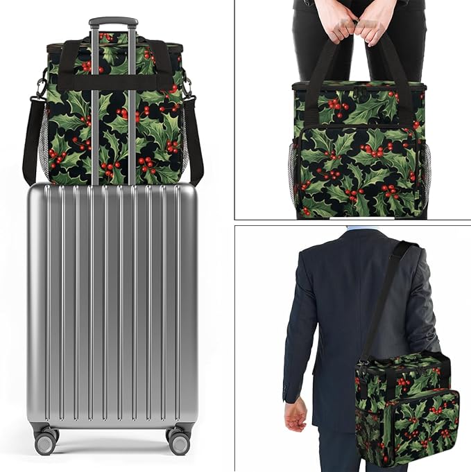 Holly Berry Flowers Coffee Maker Carrying Bag Glitter Flowers Travel Storage Bag Compatible with K-Mini or K-Mini Plus Single Serve Coffee Brewer Carrying Case with Multiple Pockets &amp Shoulder S